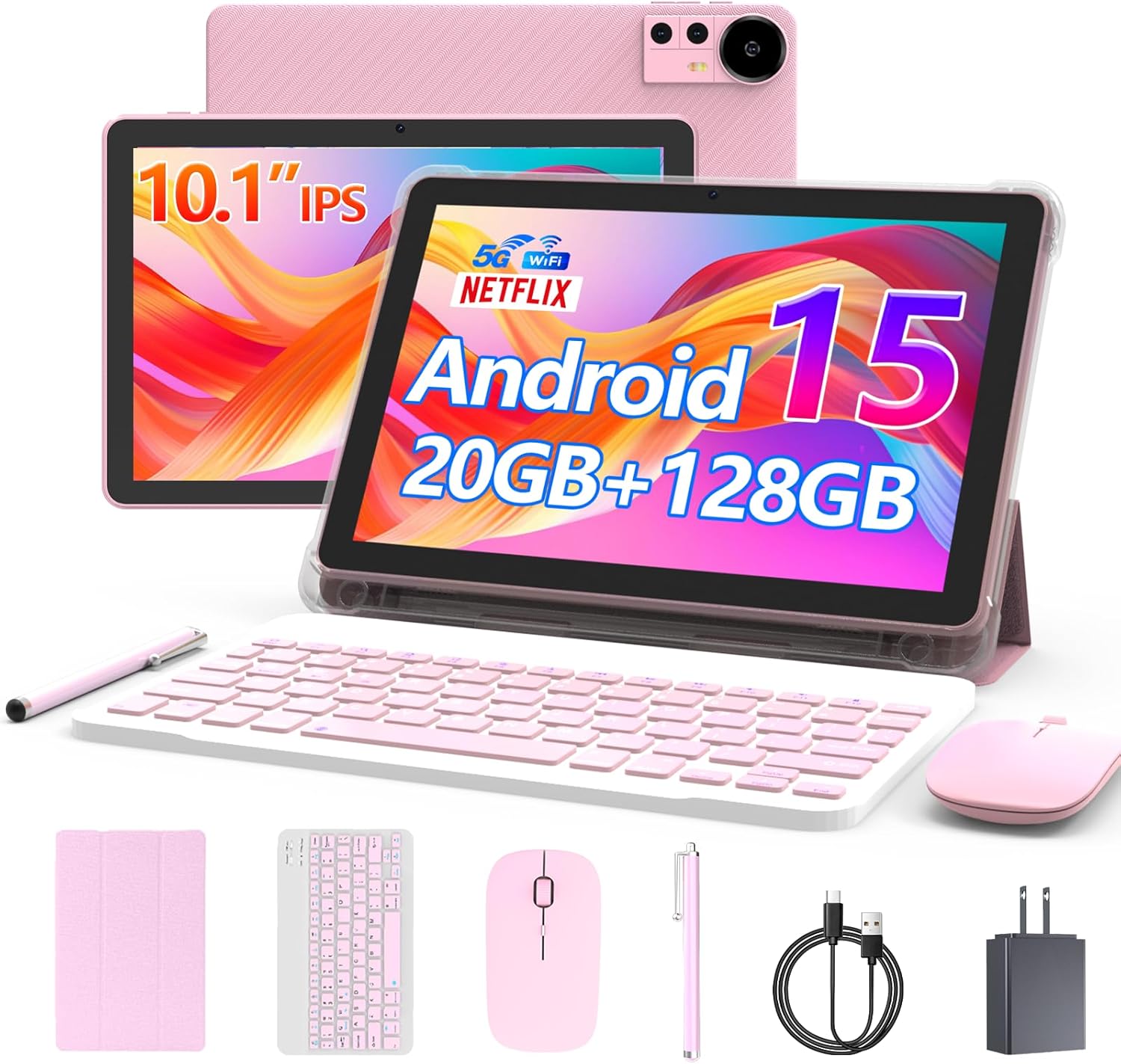 Android 15 Tablet 10 Inch, 20GB RAM+128GB ROM/ 2TB Expandable, 2.0GHz Quad-core Processor, 1280*800 HD Screen, 5G WiFi6 BT 5.0, 2 in 1 Tablets with Keyboard Case Mouse Stylus, Widevine L1 Pink