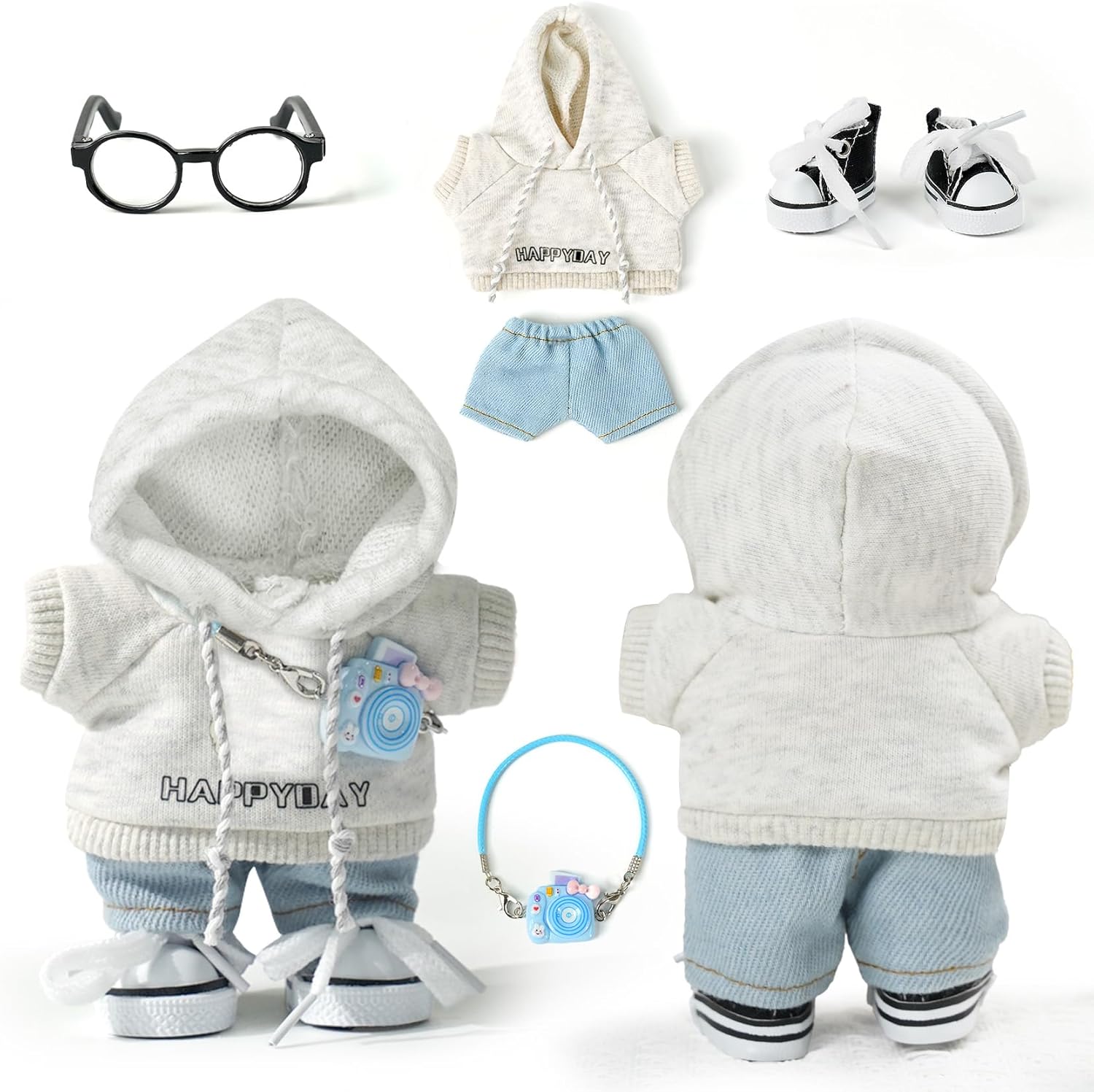17cm Doll-Clothes-Outfit-Set,6PCS Casual Style Designer Doll Clothing Accessories for 17cm Dolls Boys-Hoody+Jeans+Small Camera+Glasses+Canvas Shoes(No Doll)
