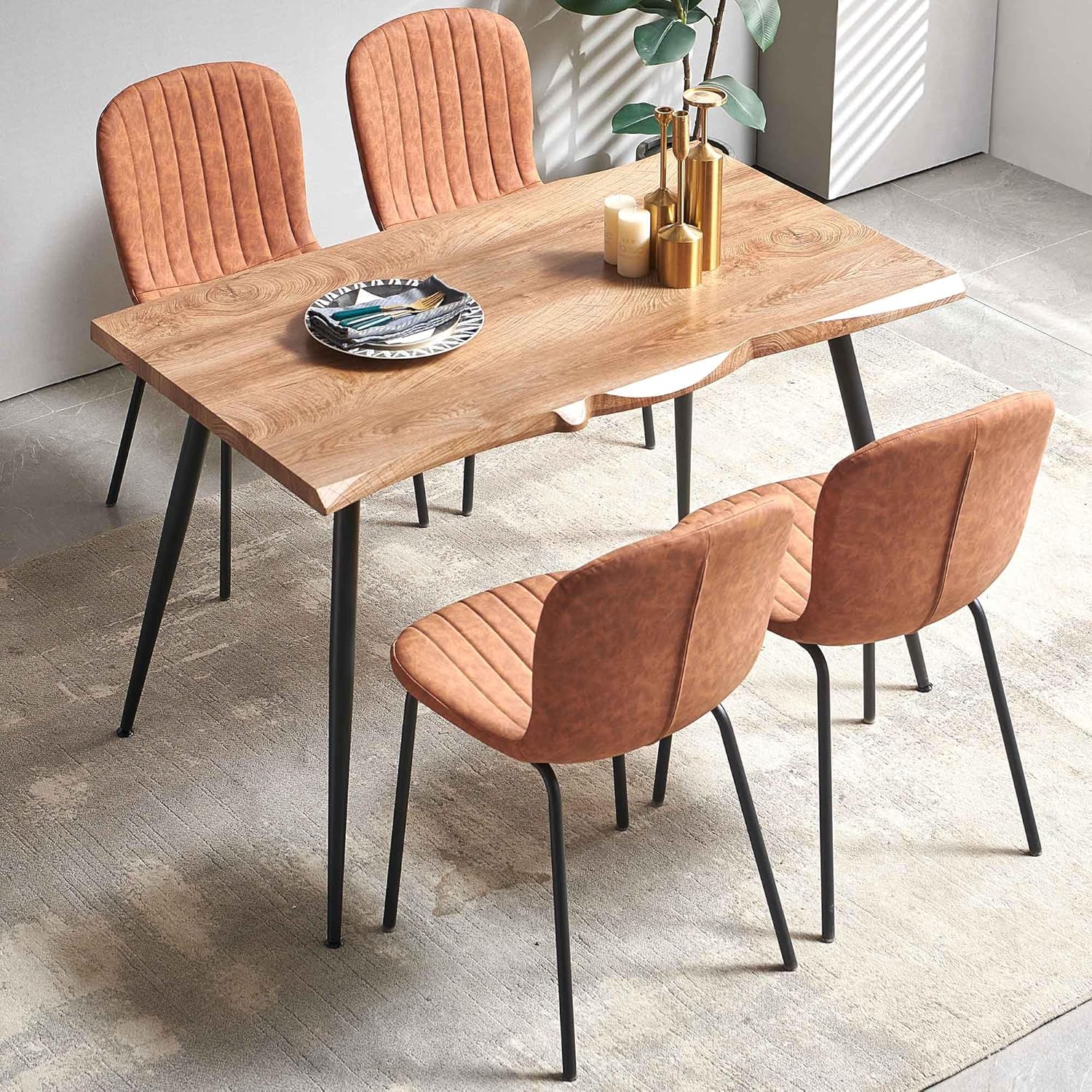 Kitchen Table and Chairs Set-5 PCS Dining Room Table Set for 4 Person, Engineered Wood Table with Irregular Tabletop, 4 Ergonomic Dining Chairs Upholstered Kitchen Chairs