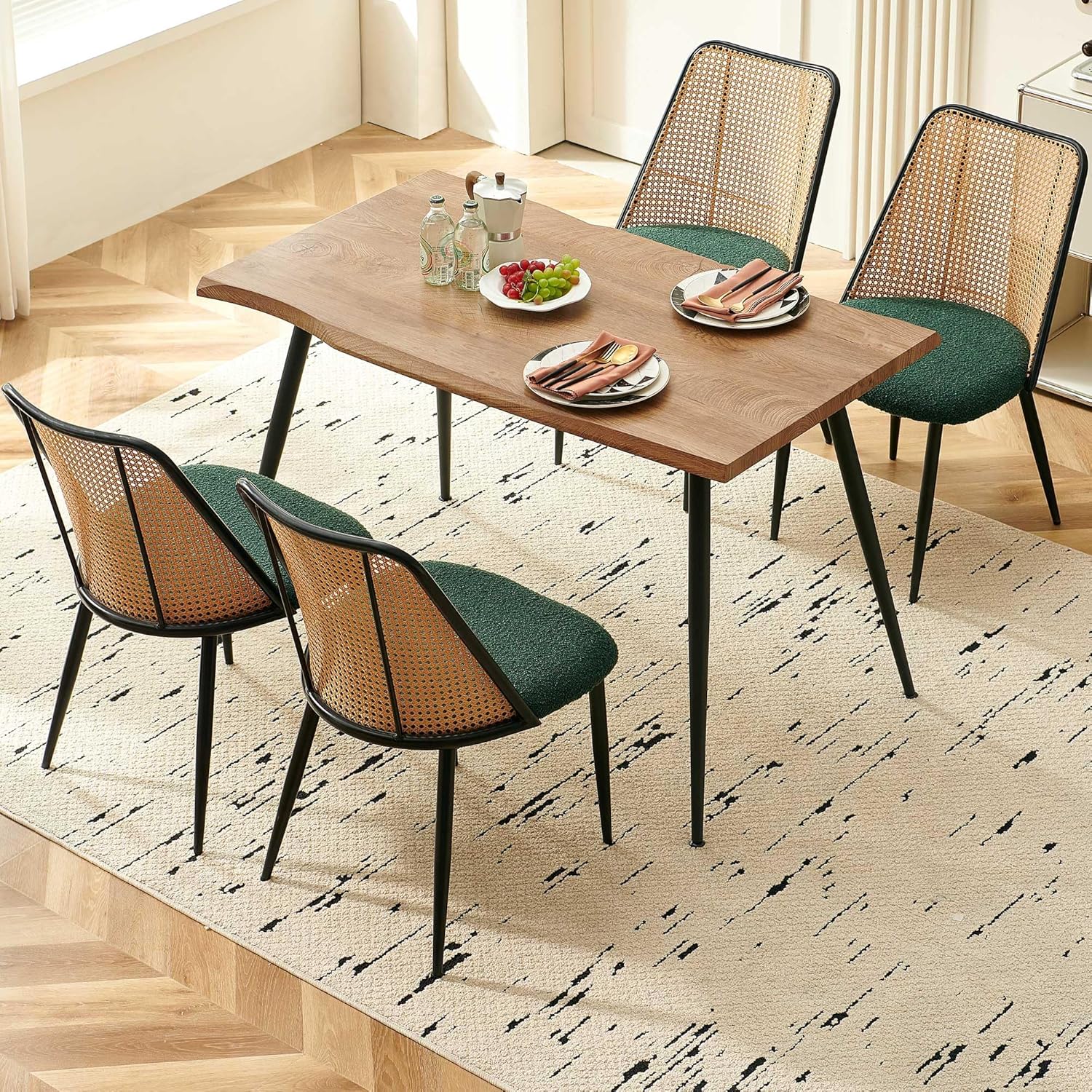 Modern Kitchen Dining Table Set for 4, 5 Pieces Wooden Breakfast Dining Table Set with 4 Upholsetered Boucle Dining Chairs Rattan Backrest,Metal Legs for Dining Room,Living Room