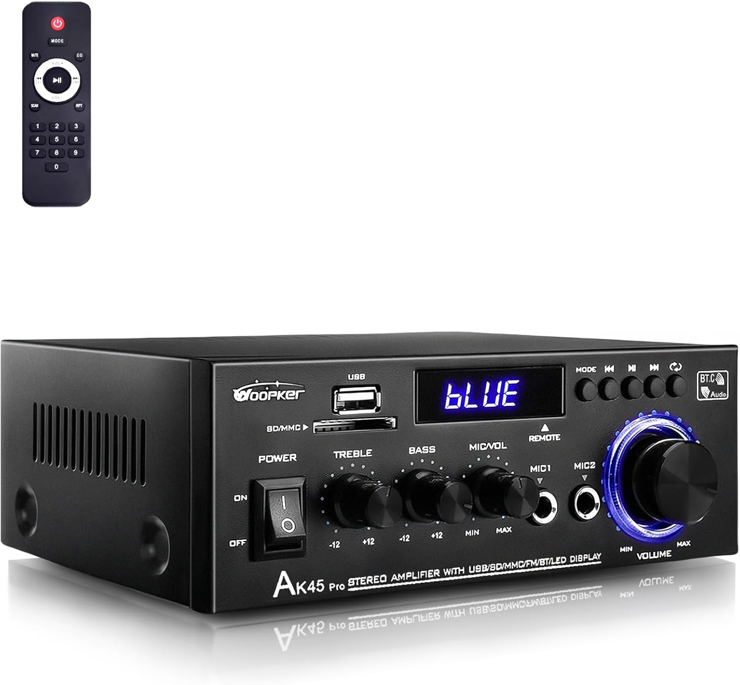 AK45 Pro Amplifier Home Audio Stereo Receivers with Bluetooth 5.0,Max 400W,2.0 Channel Stereo Amplifier System for Home Theater Speakers, Karaoke,Garage,Home Amp with USB,SD,RCA,2 MIC in