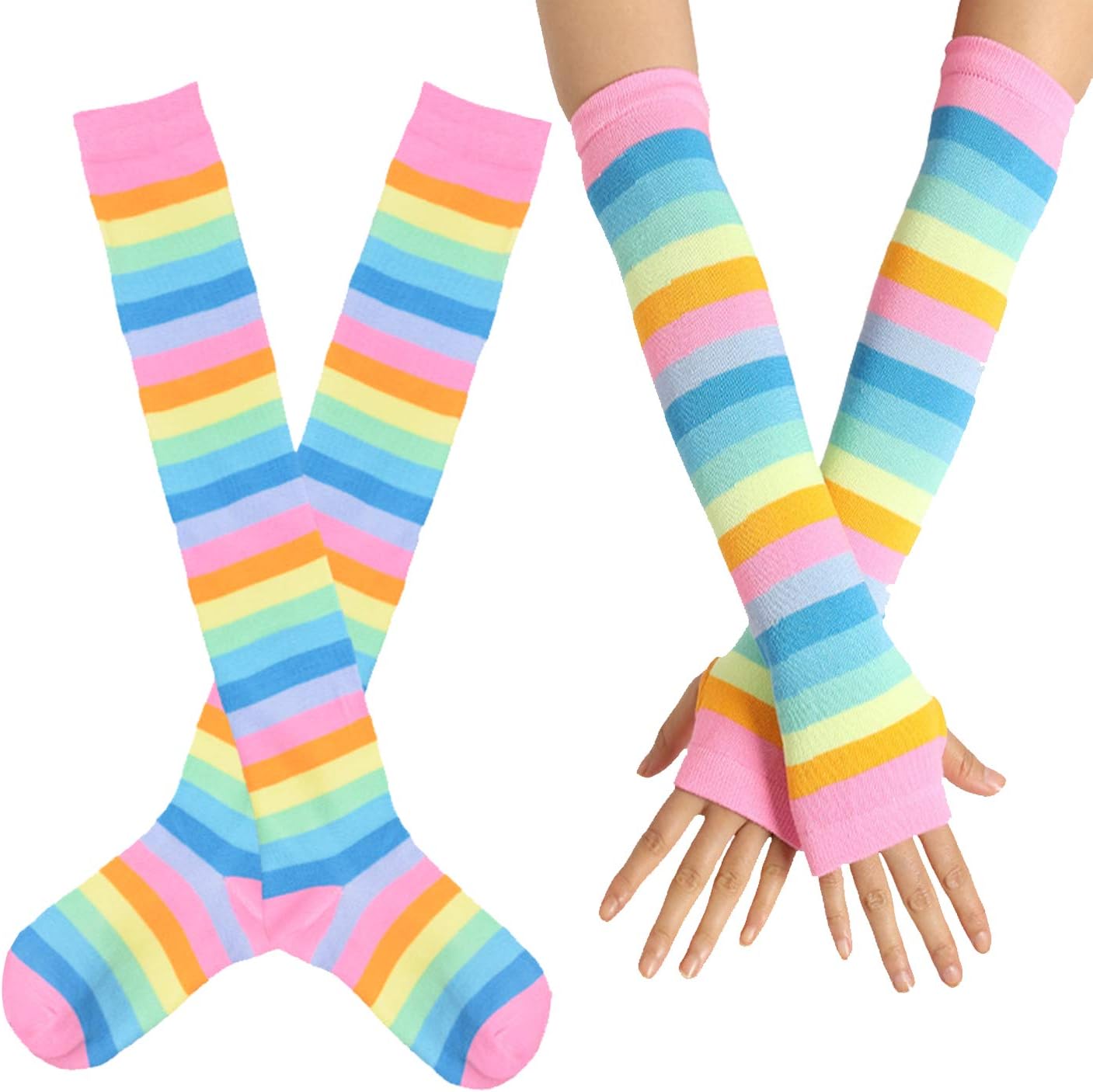 SherryDC Womens Girls Cosplay Rainbow Striped Knee High Socks Leg Arm Warmer Fingerless Gloves Set