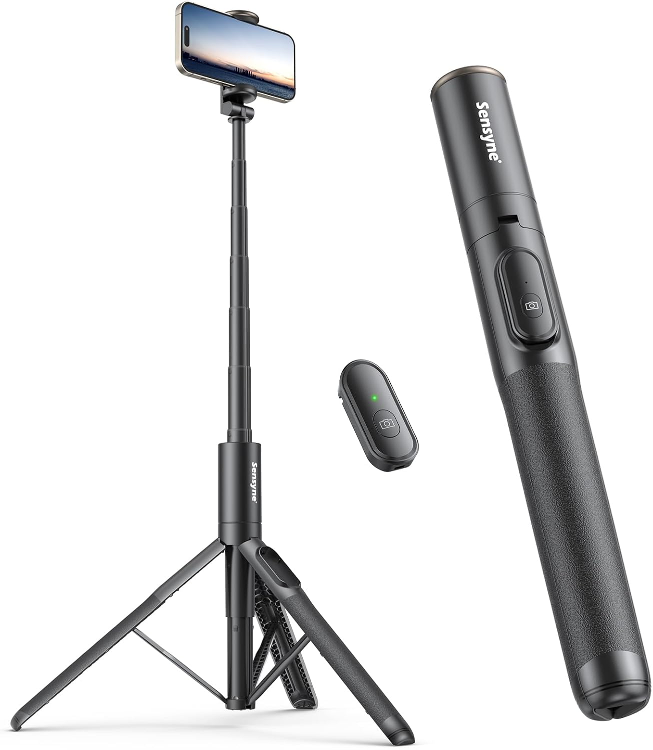 Sensyne 60″ Phone Tripod – Selfie Stick, Lightweight All in One Phone Tripod Integrated with Wireless Remote Compatible with All Cell Phones for Selfie/Video Recording/Photo/Live Stream/Vlog（Black）