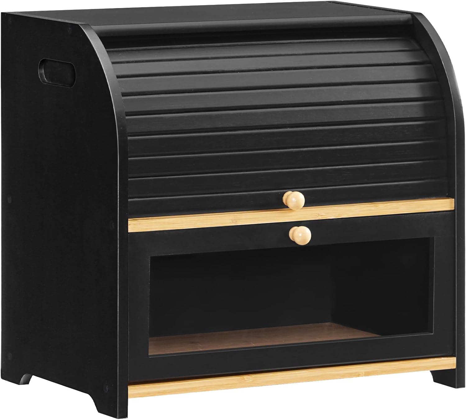 HOOBRO Bread Box, Bamboo Bread Box for Kitchen Countertop, 2 Tier Roll-Top Bread Bin, Food Storage Box, Large Capacity Keeper, Wooden Storage Cabinet, for Kitchen, Dining Room, Black BK13MB01