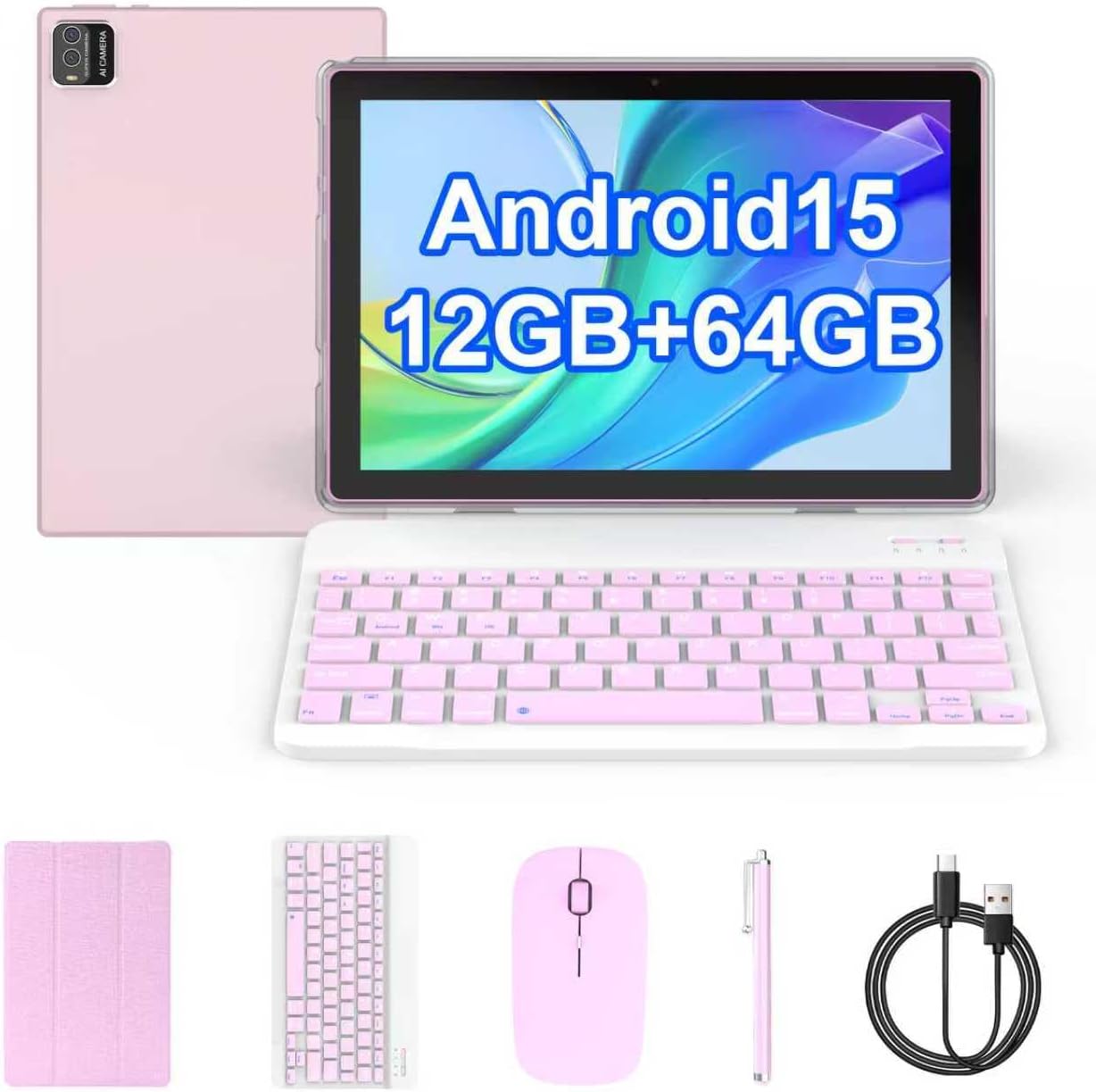 COOPERS Tablet Android 15, 10 inch Tablet 12GB RAM+64GB ROM Max 1TB, 1.8Ghz Quad-core Processor, 5G WiFi6, 6000mAh Battery Dual Camera, 2 in 1 Tablets with Keyboard Case Mouse Stylus, Widevine L1 Pink