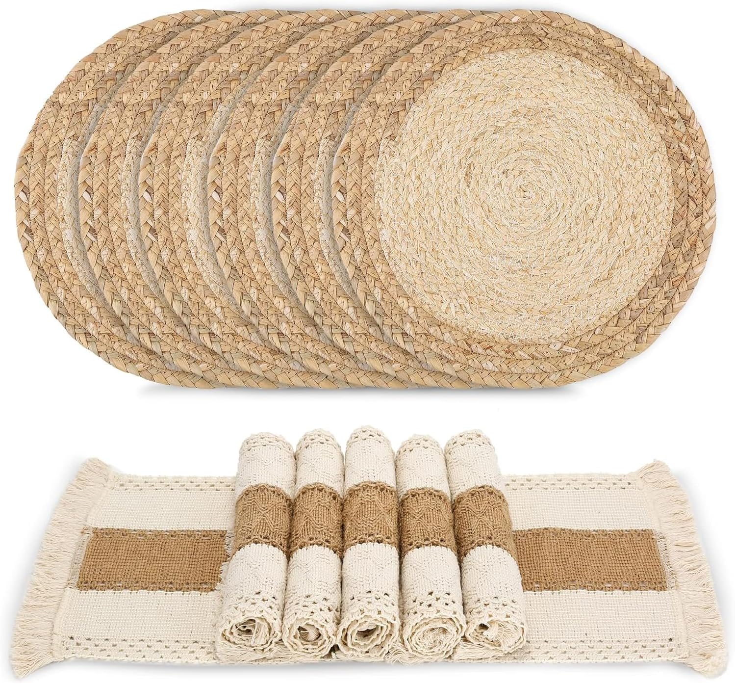 Handmade Boho Placemats Set of 6 – Natural Cotton Burlap and Water Straw Woven Combination Table Mats, Macrame Décor and Farmhouse Style Placemats, for Dining Table Kitchen